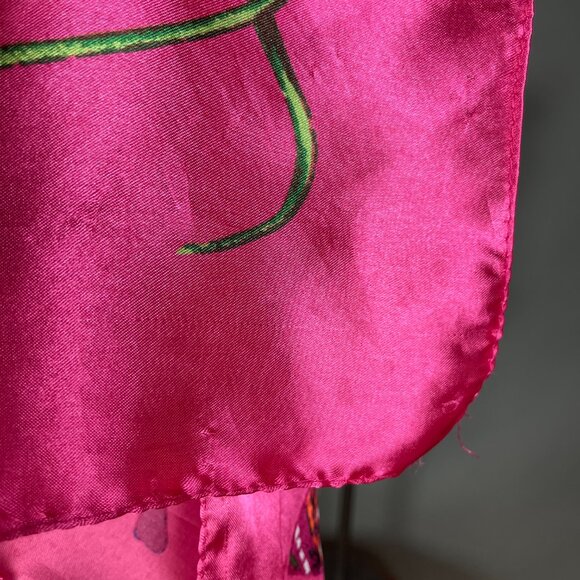 Bright Pink Floral Scarf Horses Birds Maximalist Polyester Square Vibrant Colors - Picture 12 of 13